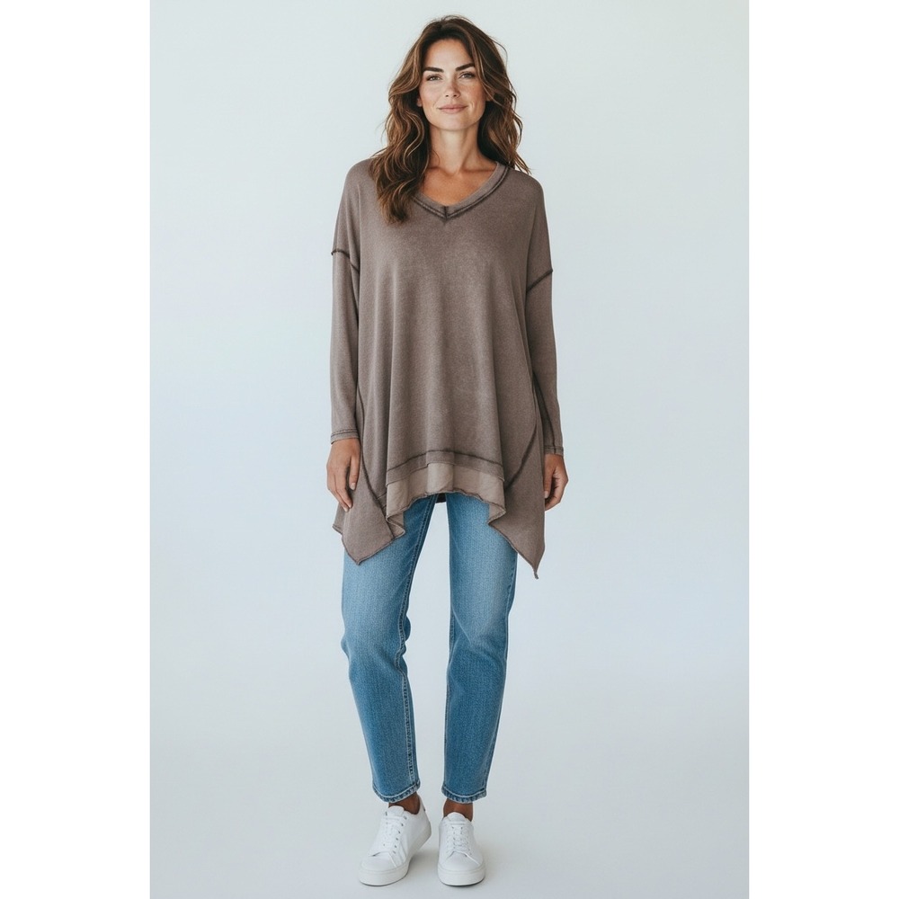 Marisima Made in Italy Mineral Wash Brown V-Neck Oversized Tunic Sharkbite O/S